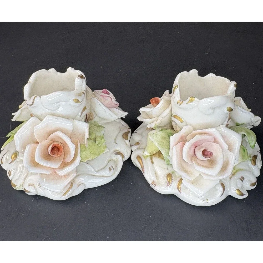 Antique Capodimonte Candle Holders Italian Applied Floral 3